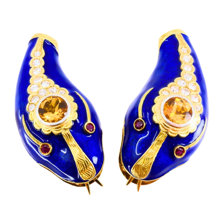 Vintage French 1950s Snake Earrings 18k Gold Platinum Blue Enamel Gemstones