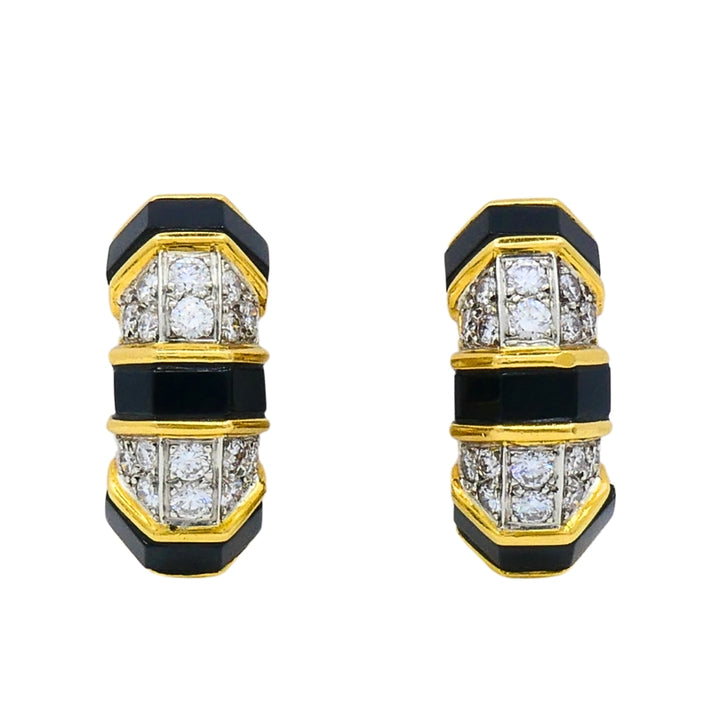 Tiffany & Co. 18k Gold Onyx Diamond Hoop Earrings
