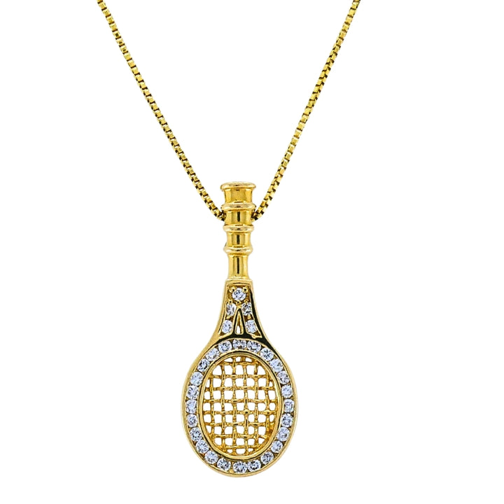 14k Gold Diamond Tennis Racket Pendant Necklace