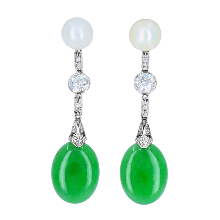 Art Deco Jade Earrings Platinum Pearls Old European Cut Diamonds Estate Jewelry
