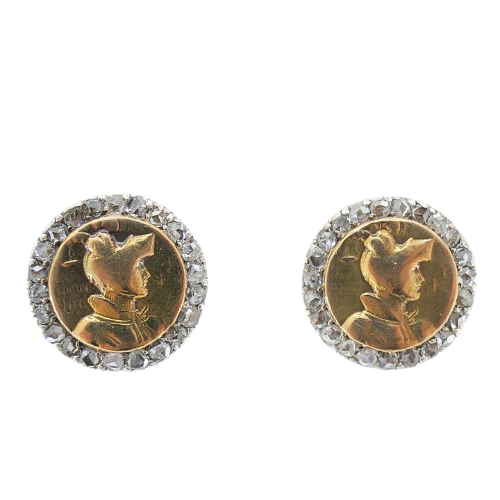 Antique 14k Rose Gold & Rose Cut Diamond Knight Stud Earrings Circa 1900s