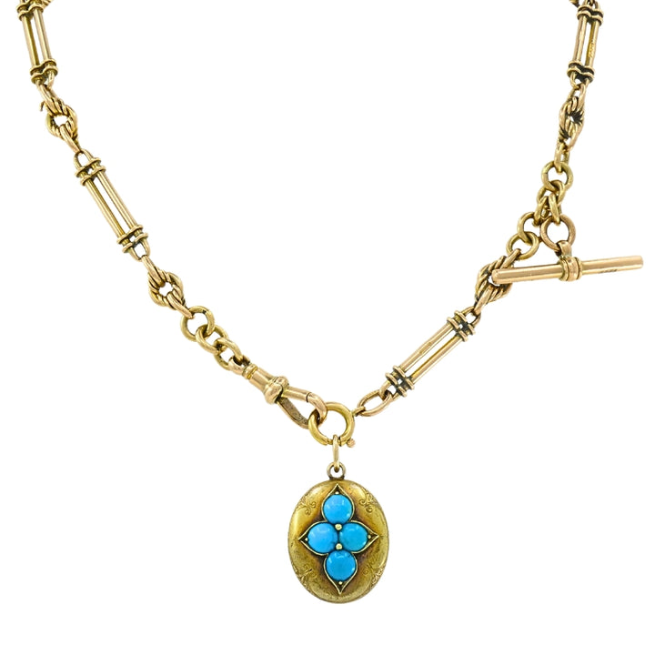 Antique 9k Gold Necklace Toggle Turquoise Locket