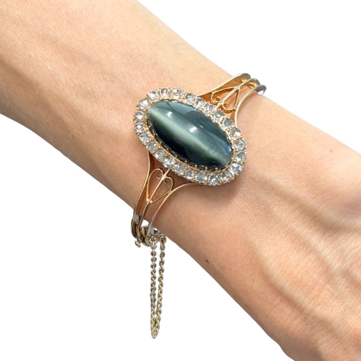 Antique Victorian Rose Gold Diamond Cat's Eye Clamper Bracelet