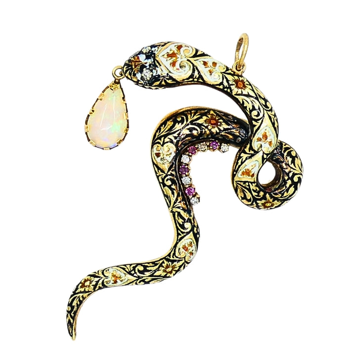 Antique Snake Pendant 14k Gold Enamel Gemstones