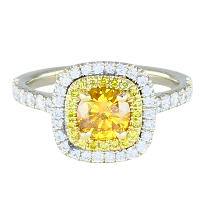 14k White Gold Ring Fancy Yellow Orange Diamond GIA Double Halo Estate Jewelry