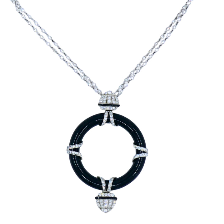 Art Deco Platinum Onyx Pendant on Modern Gold Diamond Chain Necklace
