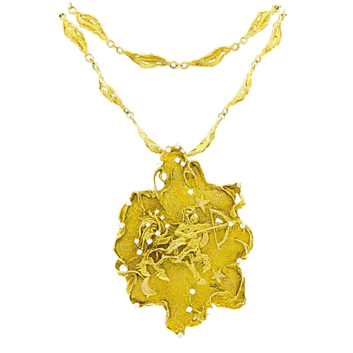 Zodiac Sign Necklace Sagittarius Brutalist Design 14k Gold Diamond