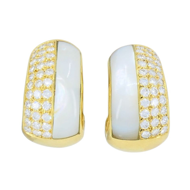 Vintage Bvlgari 18k Gold Diamond Mother of Pearl Hoop Earrings