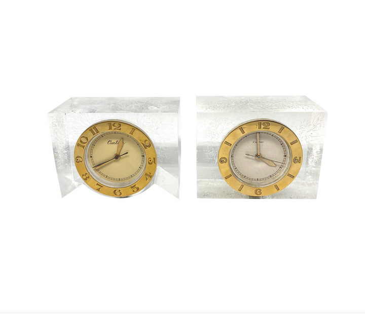 1950s Cartier Yellow Gold and Lucite Pair of Desk Clocks Lecoultre Movement