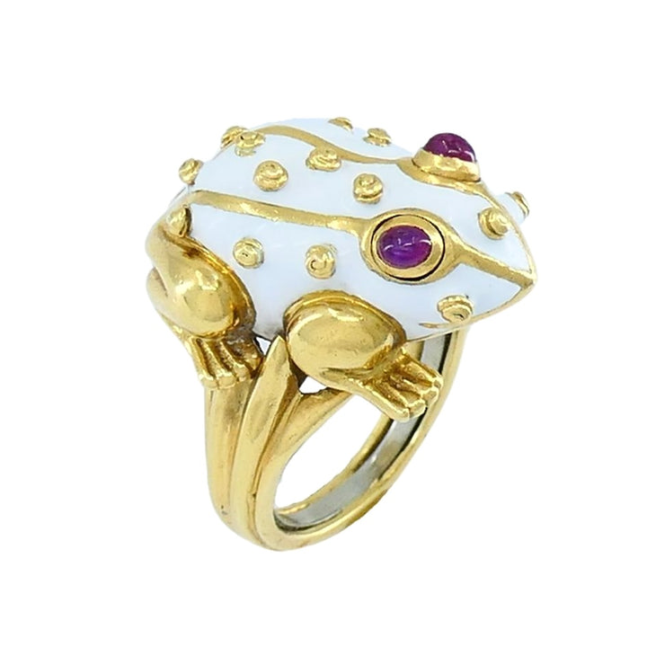 1990s David Webb 18k Gold White Enamel Ruby Frog Ring
