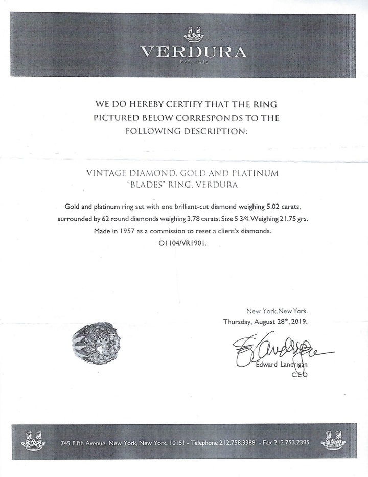 Verdura Vintage Ring 18k Gold Diamond 5.01-carat J SI2 GIA