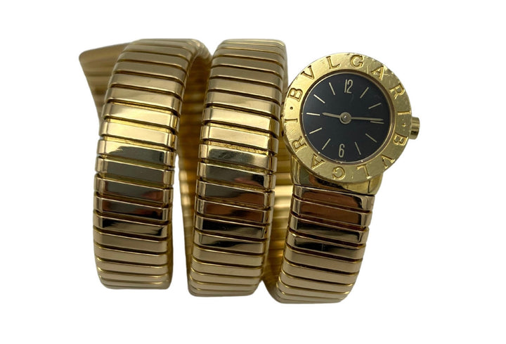 Vintage Bulgari Yellow Gold Black Dial Serpenti Tubogas Wrap Around Wrist Watch
