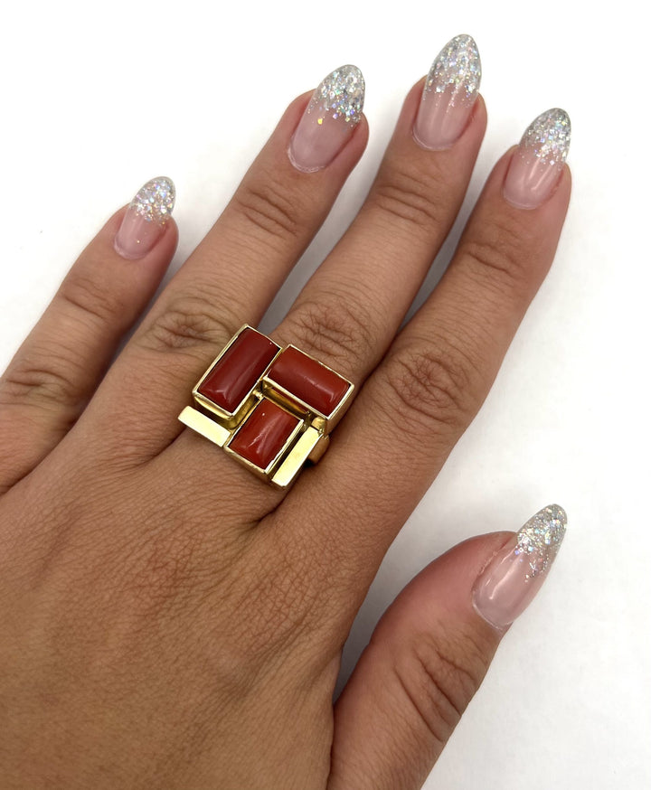 Mid Century Modern Yellow Gold and Coral Ring