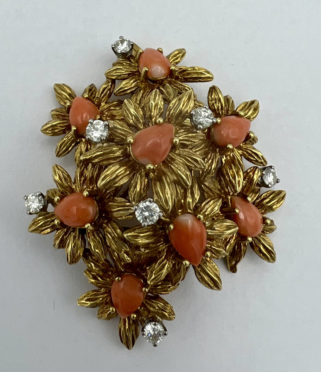 18k Gold Coral Diamond Floral Brooch