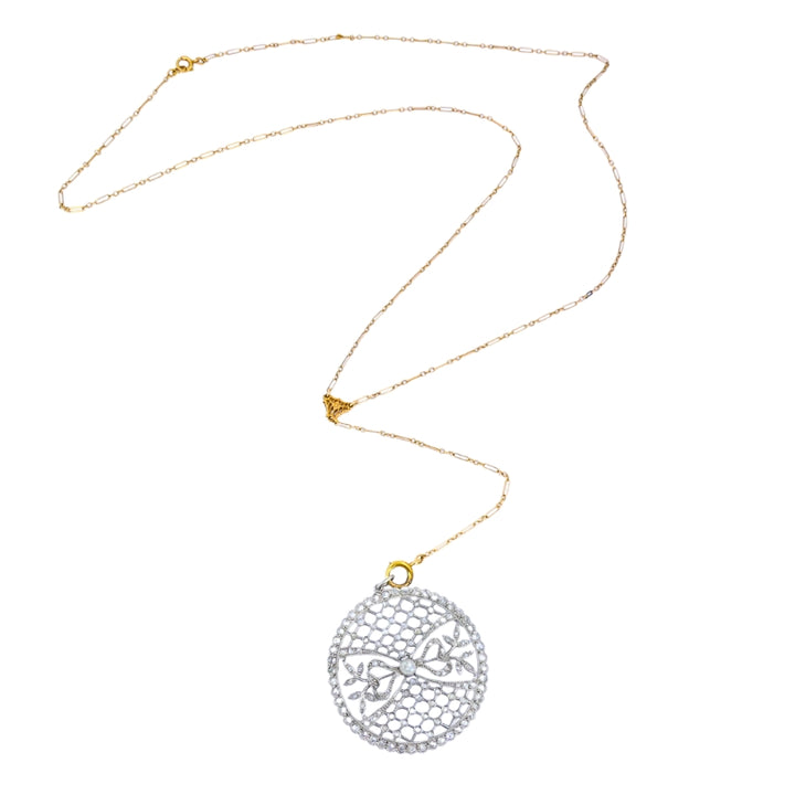 Edwardian Platinum Filigree Pendant Diamonds 14k Gold Chain Art Deco Estate