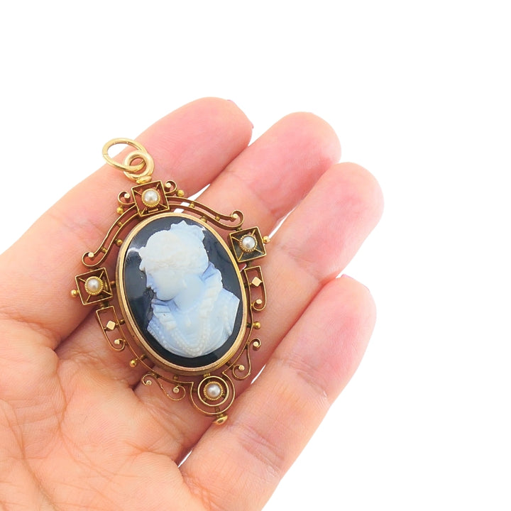 Antique 12k Gold Agate Cameo Pendant Brooch Seed Pearls