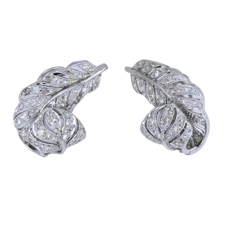 Art Deco Leaf Shaped Earrings Diamond Platinum Estate Jewelry