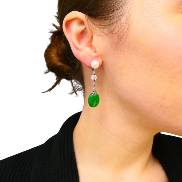 Art Deco Jade Earrings Platinum Pearls Old European Cut Diamonds Estate Jewelry