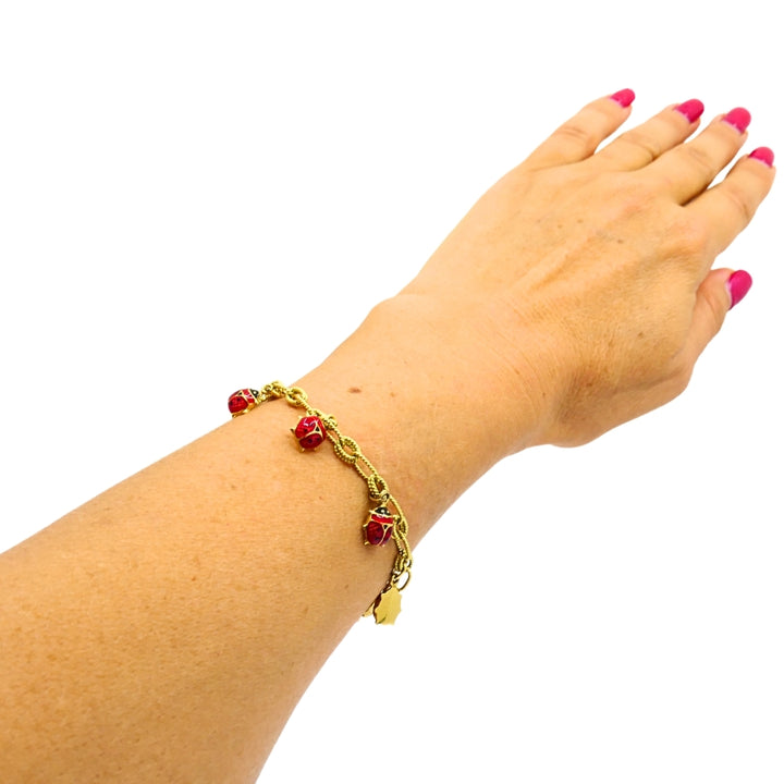 18k Gold Chain 14k Enamel Ladybug Charms Bracelet