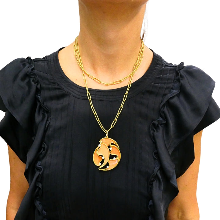 French 18k Diamond Coral Pendant 14k Gold Chain Necklace