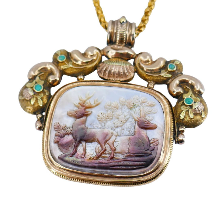 Antique Victorian Gold Mother of Pearl Equestrian Pendant Chain Necklace
