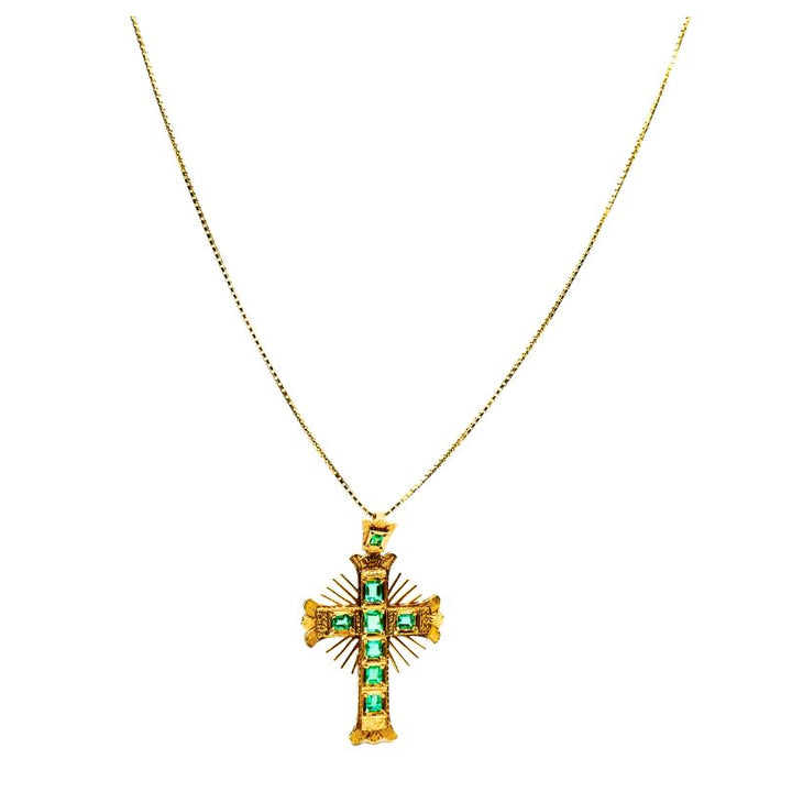 18k Gold Cross Pendant Emerald Vintage Italy