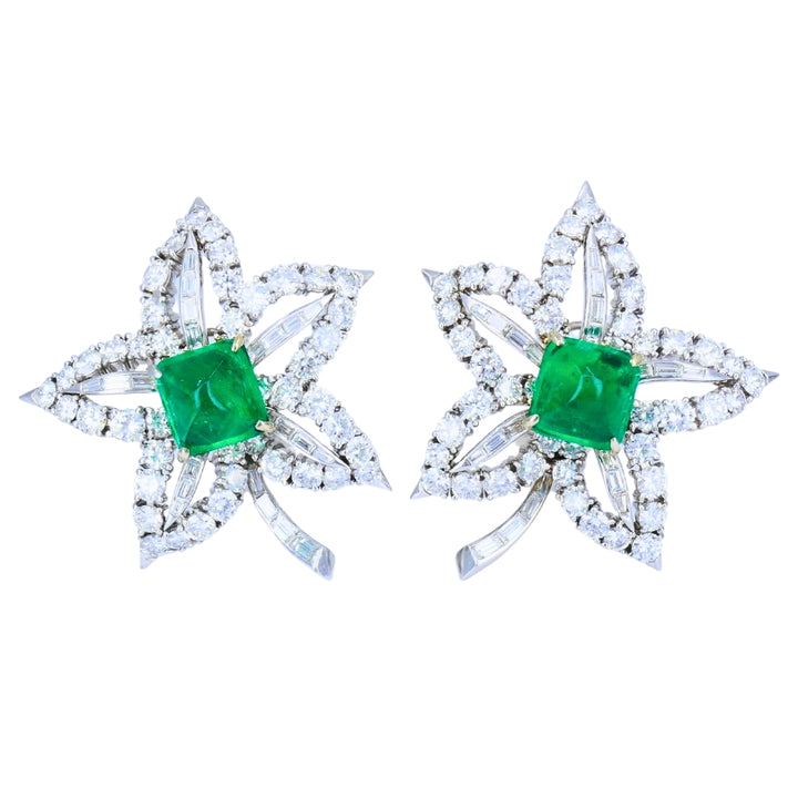 Vintage Platinum Diamond Floral Earrings Sugarloaf Emerald Estate Jewelry