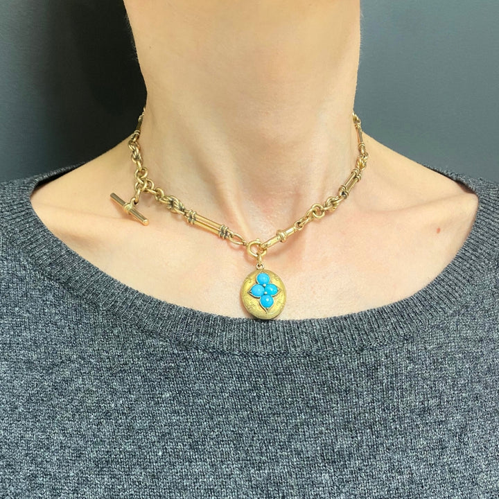 Antique 9k Gold Necklace Toggle Turquoise Locket