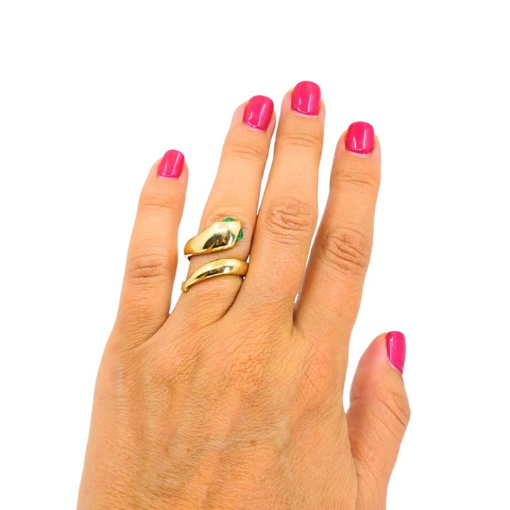 14k Gold Snake Pear-Cut Emerald Eyes Wrap Ring