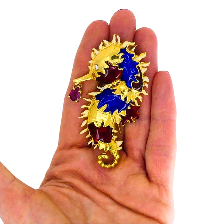 Aldo Cipullo for Cartier Seahorse Brooch Gold Enamel Gemstones