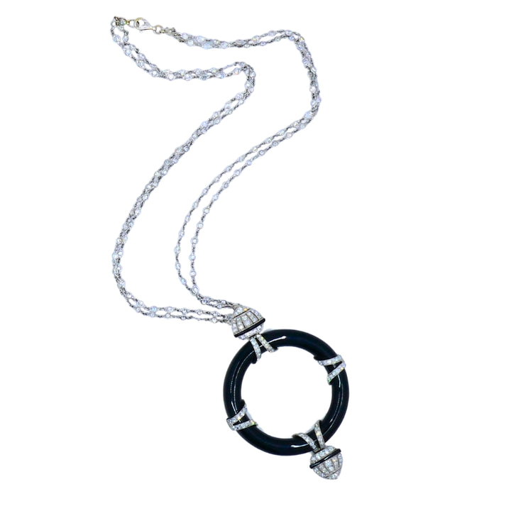 Art Deco Platinum Onyx Pendant on Modern Gold Diamond Chain Necklace