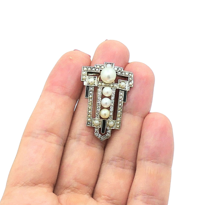 Art Deco Palladium Pearl Diamond Geometric Pin Brooch