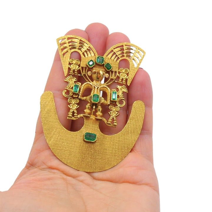 18k Gold Brooch/Pendant Emeralds Pre-Columbian Jewelry