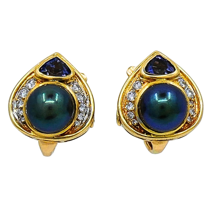 Vintage Marina B Earrings 18k Gold Black Pearl Gemstones