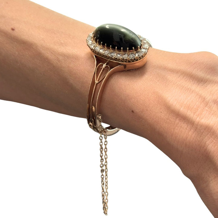 Antique Victorian Rose Gold Diamond Cat's Eye Clamper Bracelet