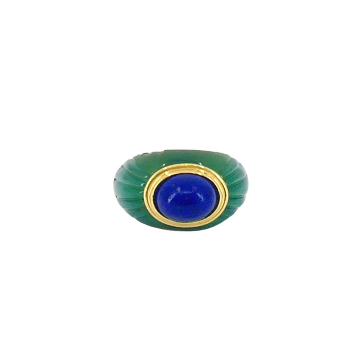 1980's Boucheron Jaipur Ring 18k Gold Chrysophrase Lapis Lazuli Original Pouch
