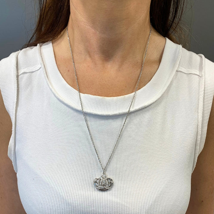 14k White Gold Diamond Crown Pendant Necklace