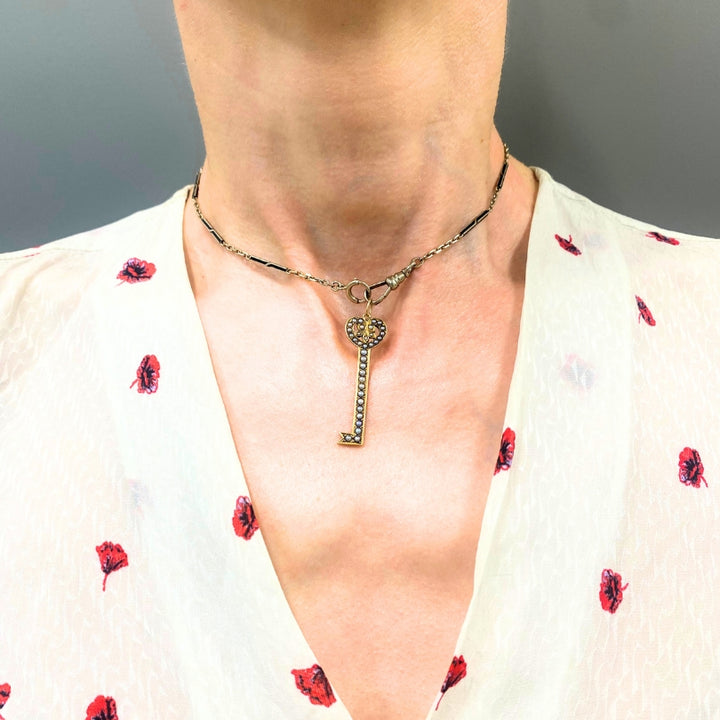 14k Gold Key Pendant Necklace Pearls and Black Enamel