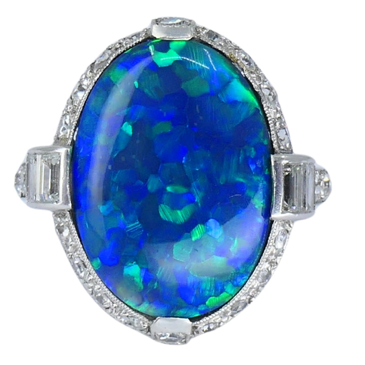 Art Deco Black Opal Ring Platinum Diamond Estate Jewelry