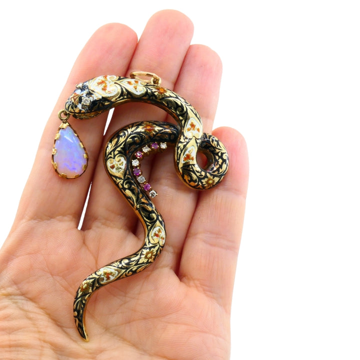 Antique Snake Pendant 14k Gold Enamel Gemstones