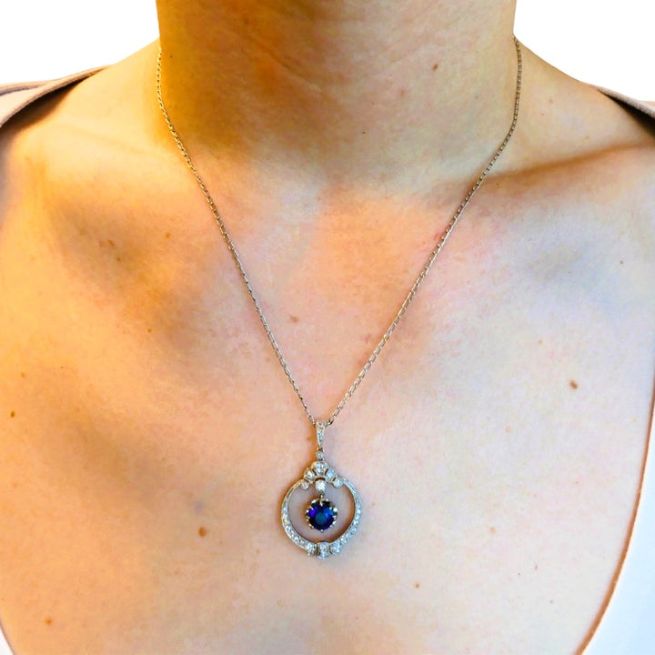 Edwardian Necklace Platinum Sapphire Diamond Pendant Vintage Jewelry Art Deco