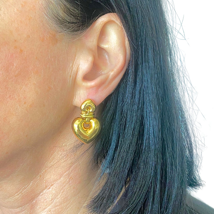 18k Gold Double Heart  Drop Earrings