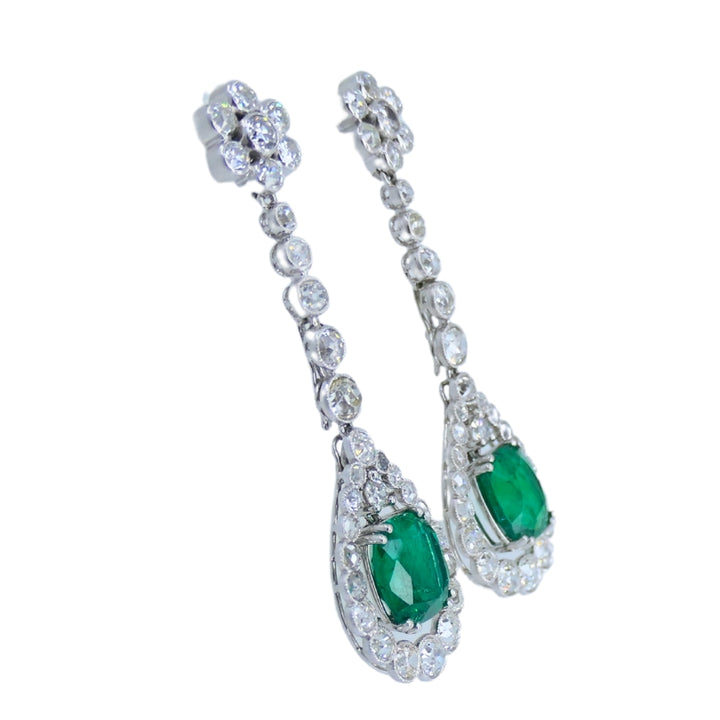 Art Deco Drop Earrings Platinum Diamond Emerald Cushion Cut Estate Jewelry