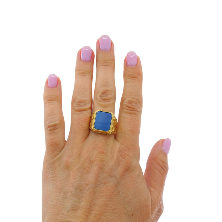 18k Gold Signet Ring Blue Agate Men’s Ring