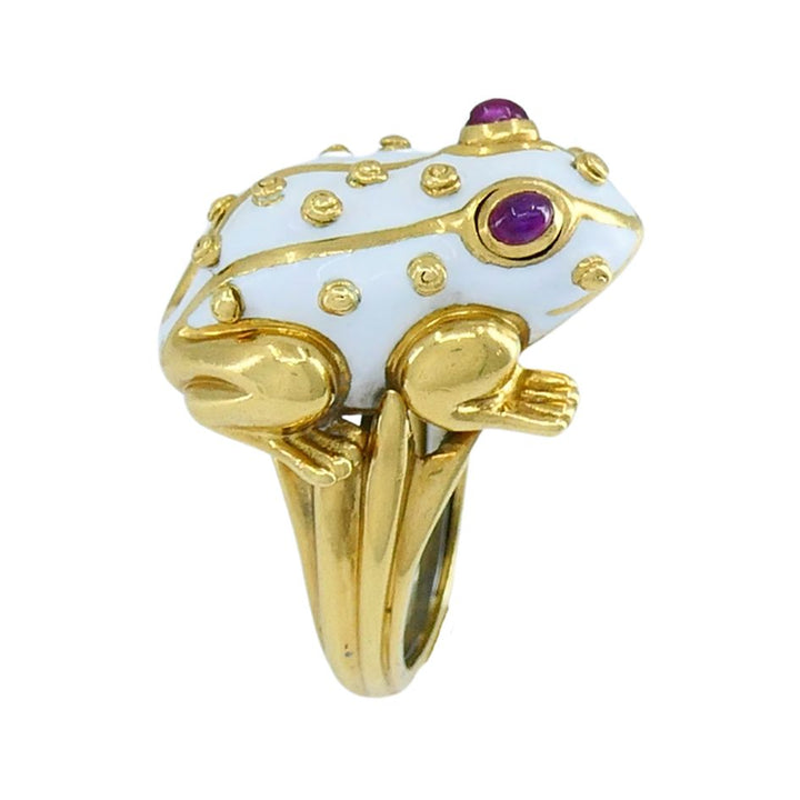 1990s David Webb 18k Gold White Enamel Ruby Frog Ring