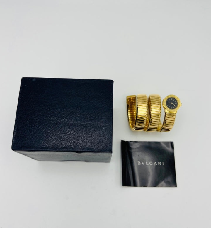 Vintage Bulgari Yellow Gold Black Dial Serpenti Tubogas Wrap Around Wrist Watch