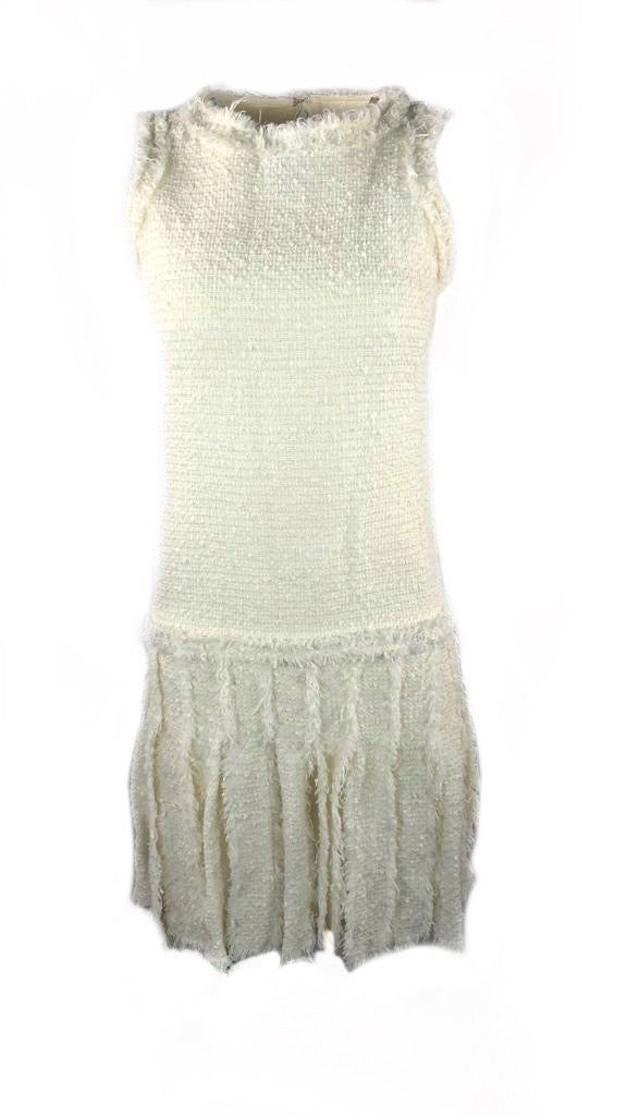 CHANEL White Tweed Fringe Sleeveless Dress Size 36 CHANEL White Tweed Fringe Sleeveless Dress Size 36