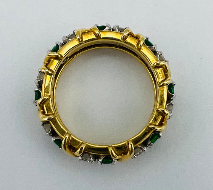 Tiffany & Co. Schlumberger Yellow Gold Platinum Diamond Emerald X Band Ring