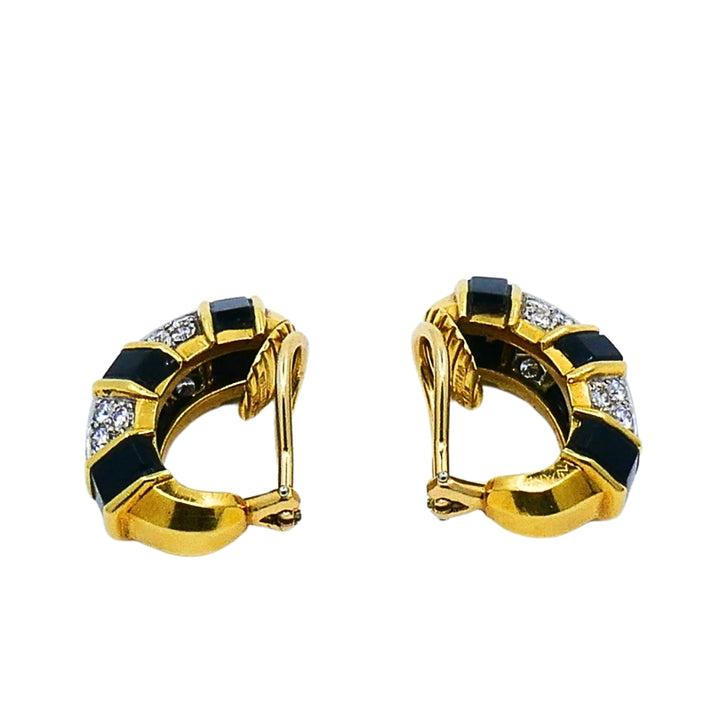 Tiffany & Co. 18k Gold Onyx Diamond Hoop Earrings