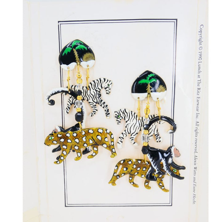 1990 Lunch At The Ritz Carte Du Jour African Animal Gold Silver Clip Earrings